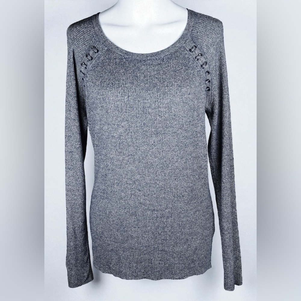 New York & Company Women’s Large Gray/Black Ribbed Knit Sweater Long Sleeve
